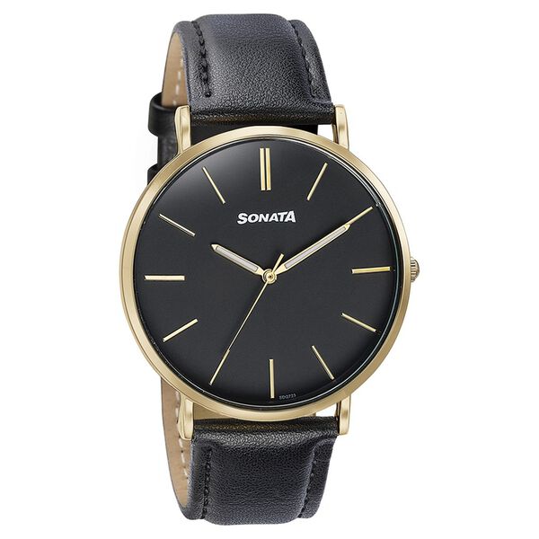 Sonata Quartz Analog Black Dial Black Leather Strap Watch For Men - image number 2