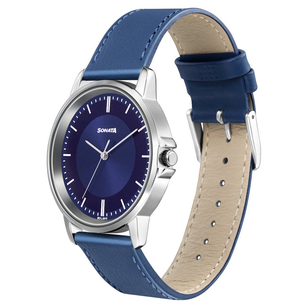 Buy Online Sonata Quartz Analog Blue Dial Leather Strap Watch for Men 77083sl07w p Sonata