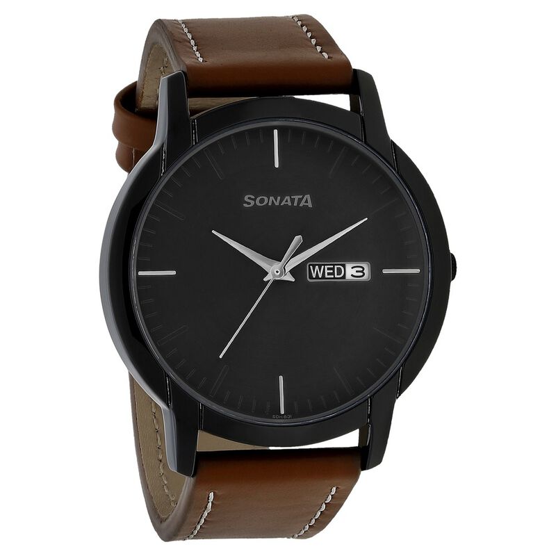 Sonata Quartz Analog with Day and Date Anthracite Dial Leather Strap Watch for Men - image number 1