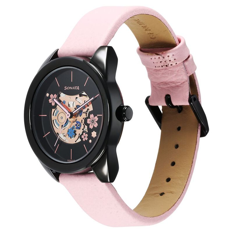 Sonata Unveil Quartz Multifunction Black Dial Leather Strap Watch for Women - image number 1