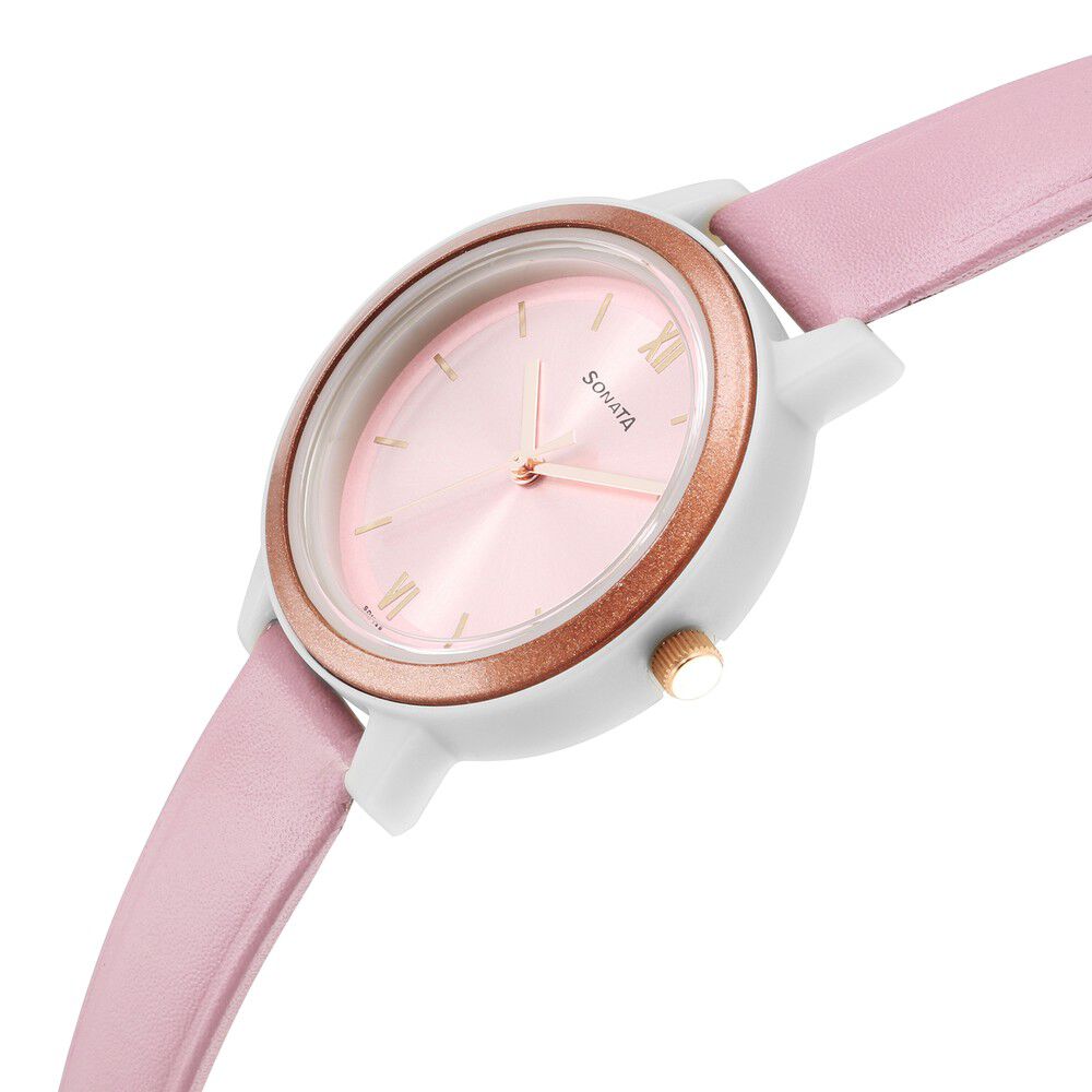 Sonata Pop Pink Dial Women Watch With Leather Strap