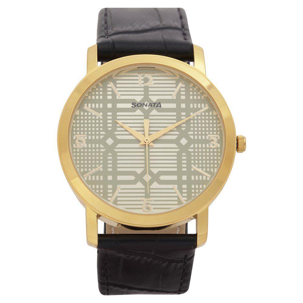 Buy Online Sonata Quartz Analog Silver Dial Leather Strap Watch