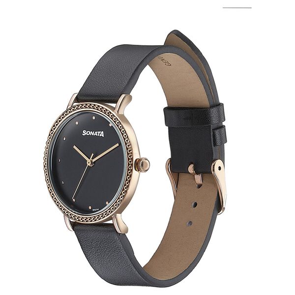 Sonata Quartz Analog Black Dial Black Leather Strap Watch For Women - image number 3