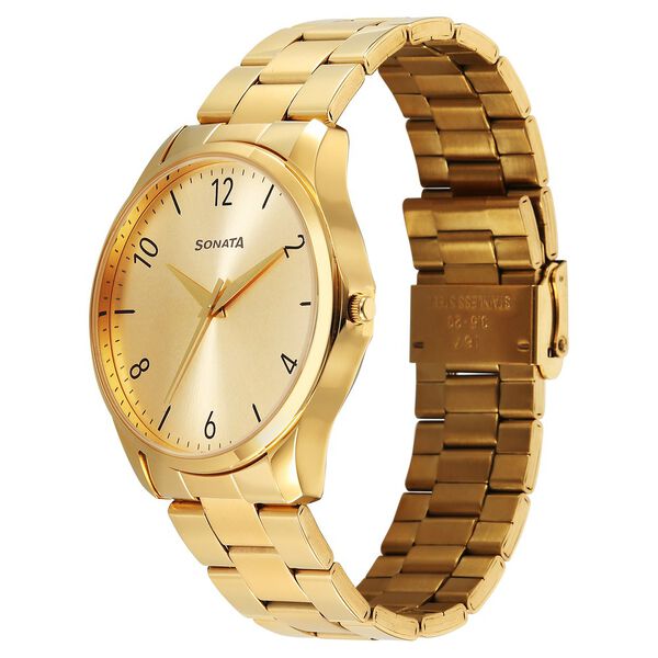 Sonata Traditional Essentials Quartz Analog Champagne Dial Golden Metal Strap Watch For Men - image number 1
