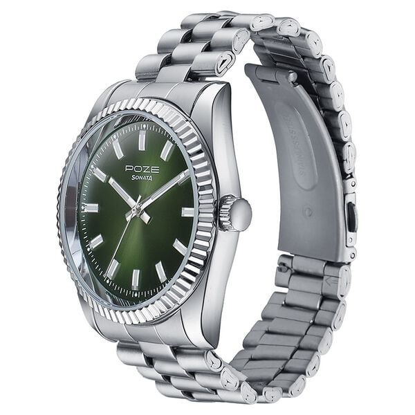 Sonata Poze Quartz Analog Green Dial Silver Color Metal Strap Watch For Men - image number 3