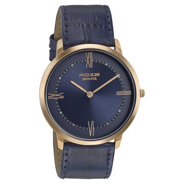 Sonata Poze Quartz Analog Blue Dial Leather Strap Watch for Men