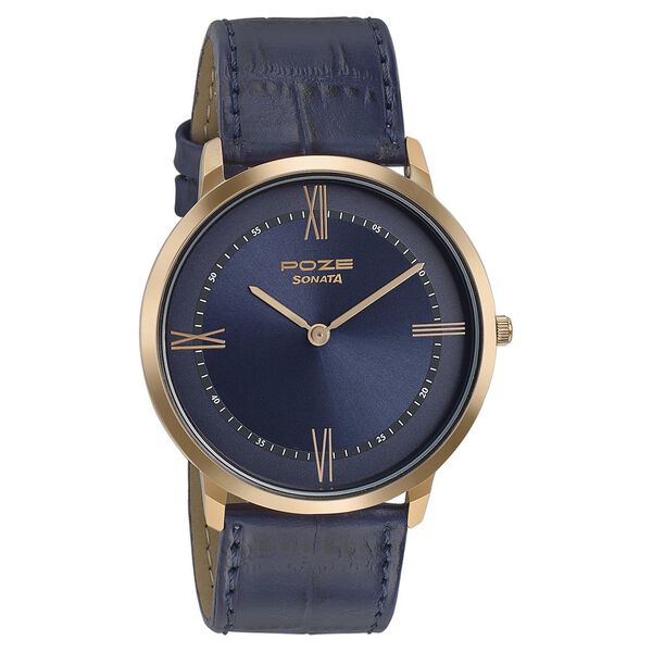 Sonata Poze Quartz Analog Blue Dial Leather Strap Watch for Men - image number 0