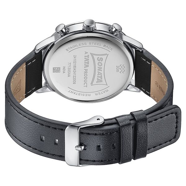 Sonata Quartz Multifunction Black Dial Black Leather Strap Watch For Men - image number 5