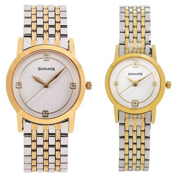 Sonata Quartz Analog Silver Dial Stainless Steel Strap Watch for Couple