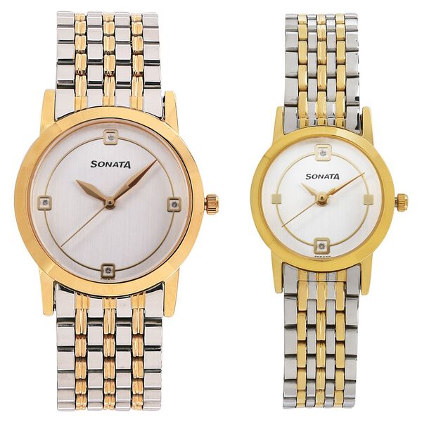Sonata Quartz Analog Silver Dial Stainless Steel Strap Watch for Couple - image number 0