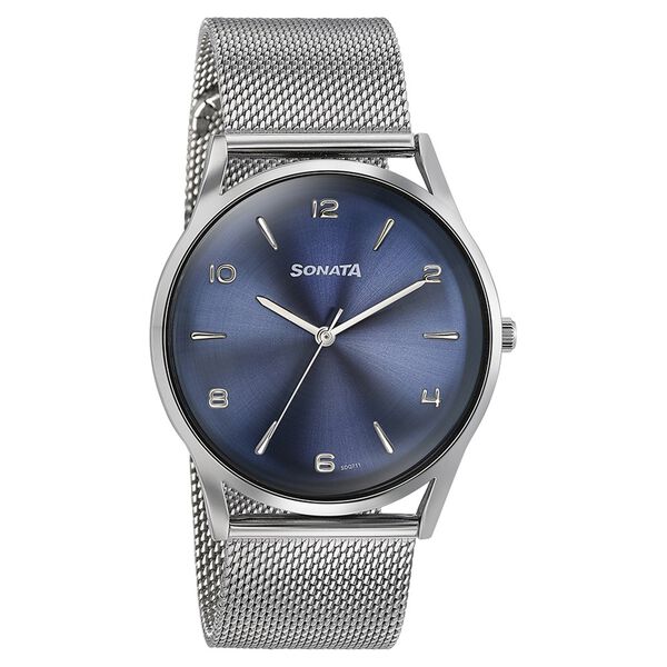 Sonata Quartz Analog Blue Dial Silver Stainless Steel Strap Watch For Men - image number 2