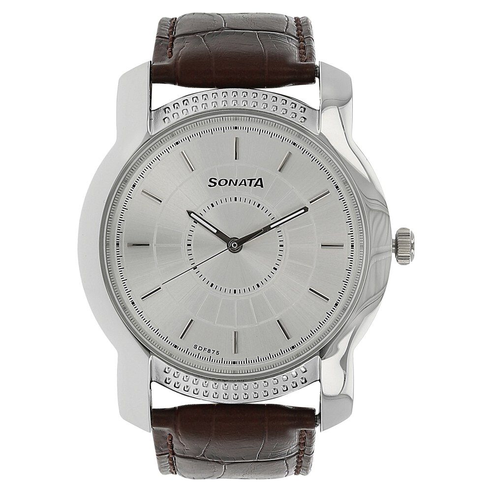 Buy Online Sonata Quartz Analog Silver Dial Leather Strap Watch for Men nk7093sl04 Sonata