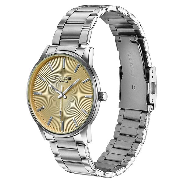 Poze By Sonata Quartz Analog Yellow Dial Silver Stainless Steel Strap Watch For Men - image number 4
