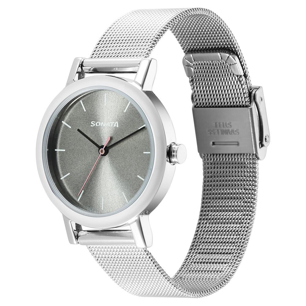 Sonata Ladies Essentials Grey Dial Stainless Steel Strap Watch for