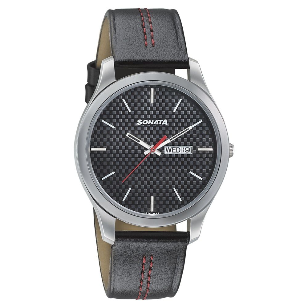 Buy Online Sonata Nxt Quartz Analog with Day and Date Black Dial Leather Strap Watch for Men 77063sl06 p Sonata