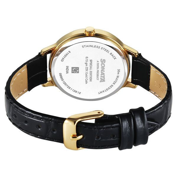 Sonata Sonata Gold Quartz Analog Champagne With Gold Coin Dial Black Leather Strap Watch For Women - image number 5