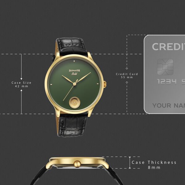 Sonata Gold Quartz Analog Sacred Forest Green With Gold Coin Dial Black Leather Strap Watch For Men - image number 3