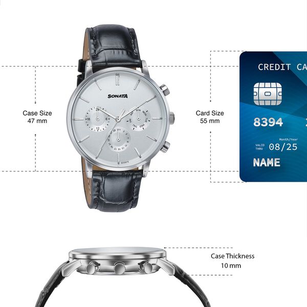 Sonata Festive Quartz Multifunction Silver Dial Black Leather Strap Watch For Men - image number 3