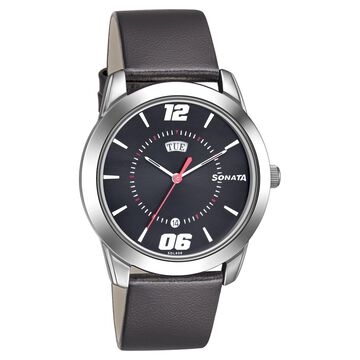 Sonata RPM Quartz Analog with Day and Date Black Dial Leather Strap Watch for Men