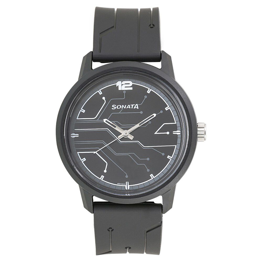 Buy Online Sonata Quartz Analog Black Dial Plastic Strap Watch for Men 77085pp01 p Sonata