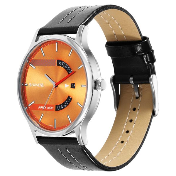Sonata RPM Yellow Dial Leather Strap Watch for Men - image number 1