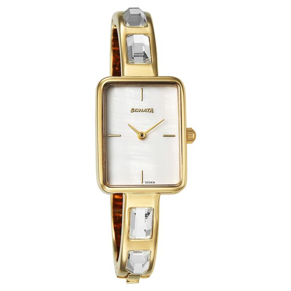 Sonata Aura Quartz Analog White Mother of Pearl Dial Golden Stainless Steel Strap Watch For Women - image number 0