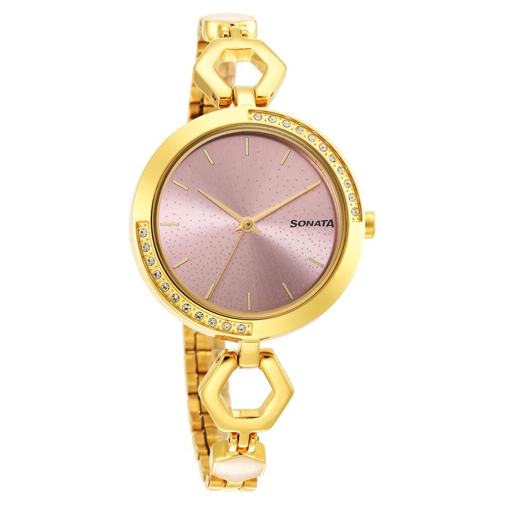 Buy Online Sonata Utsav Pink Dial Yellow Bi Metal Strap Watch for Women nr8184ym01 Sonata