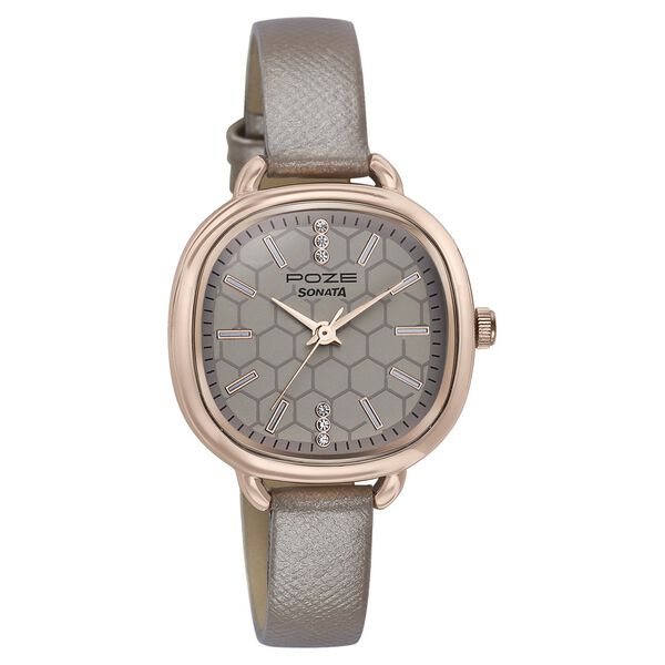 Sonata Poze Quartz Analog Grey Dial Leather Strap Watch For Women - image number 2
