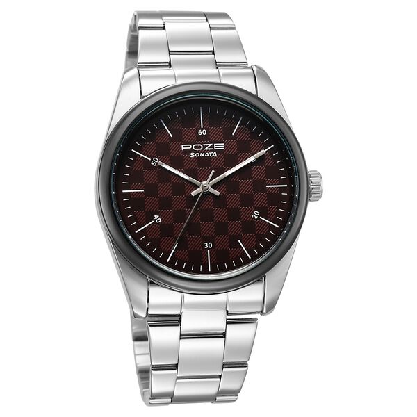 Poze By Sonata Quartz Analog Burgundy Dial Silver Stainless Steel Strap Watch For Men - image number 1