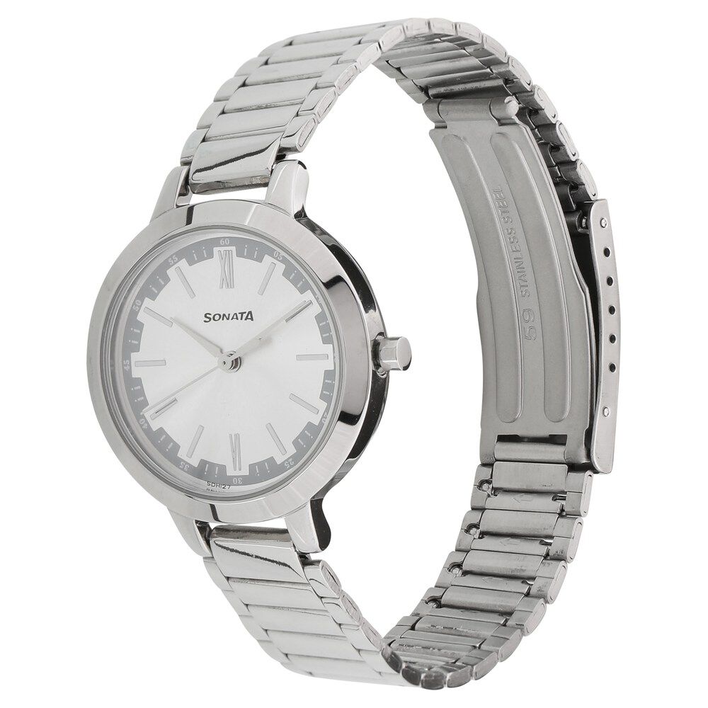 Buy Online Sonata Steel Daisies Silver Dial Women Watch With Stainless Steel Strap nr8141sm02 Sonata