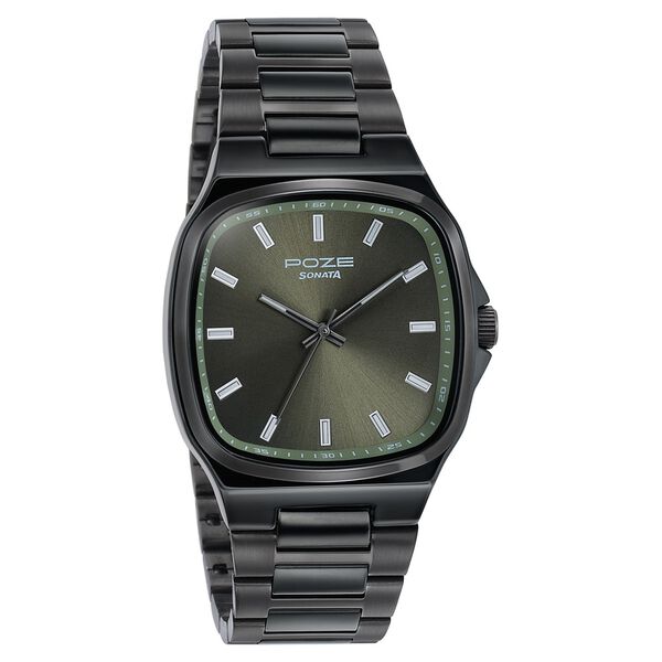 Poze Poze Quartz Analog Green Dial Grey Metal Strap Watch For Men - image number 2