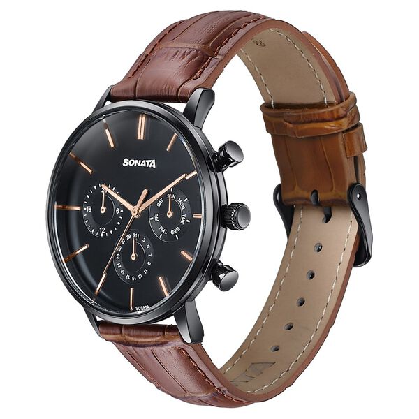 Sonata Festive Quartz Multifunction Black Dial Brown Leather Strap Watch For Men - image number 2