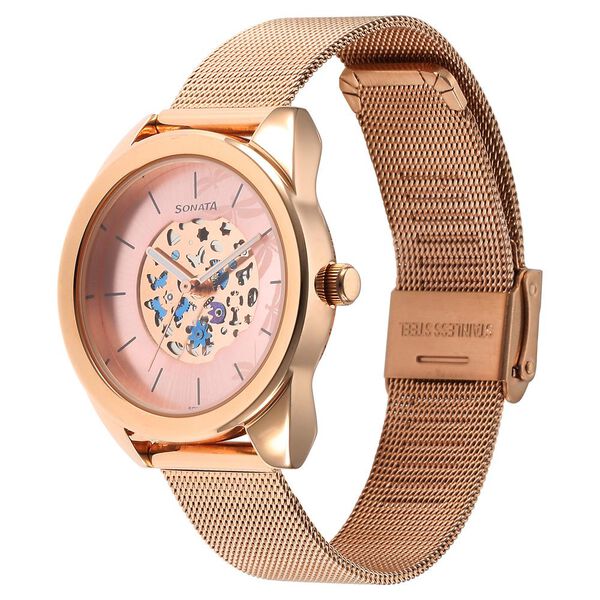 Sonata Unveil Quartz Multifunction Pink Dial Stainless Steel Strap Watch for Women - image number 1
