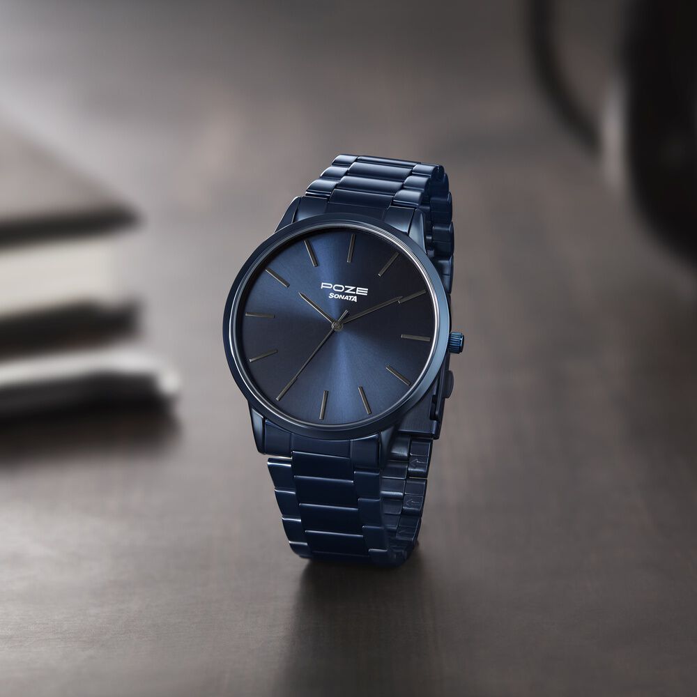Buy Online Sonata Poze Quartz Analog Blue Dial Blue Color Stainless Steel Strap Watch For Men sp70045qm01w p Sonata