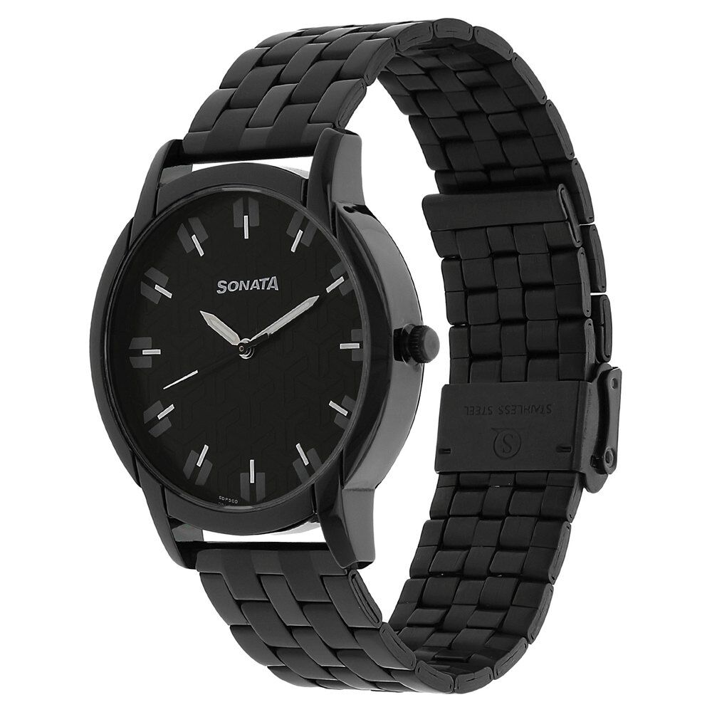 Buy Online Sonata Quartz Analog Black Dial Stainless Steel Strap Watch for Men np77031nm01w Sonata