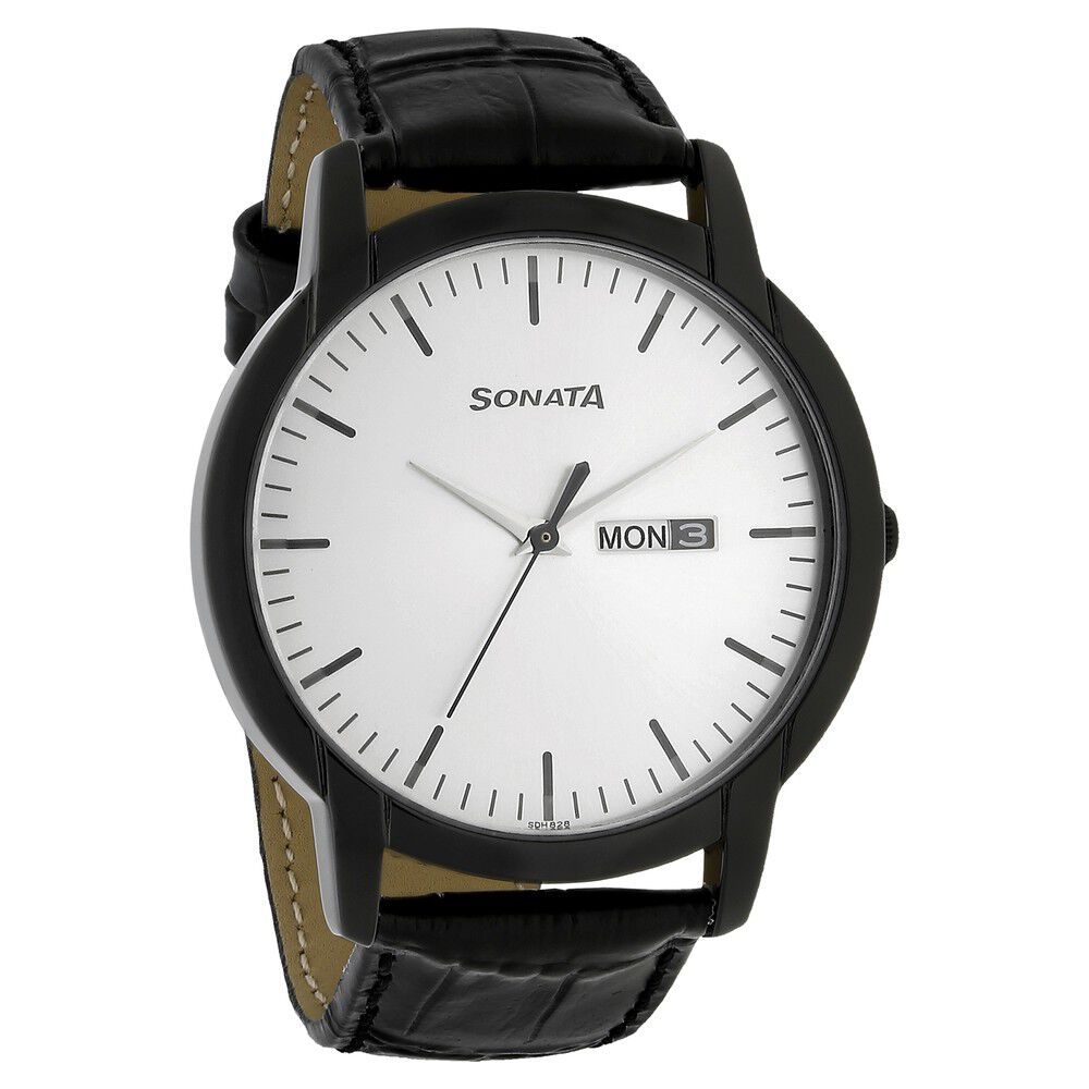 Buy Online Sonata Quartz Analog with Day and Date Silver Dial Leather Strap Watch for Men nm77031nl03 Sonata