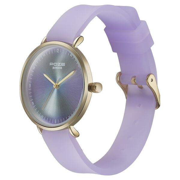 Sonata Poze Quartz Analog Blue Dial Purple Leather Strap Watch For Women - image number 3