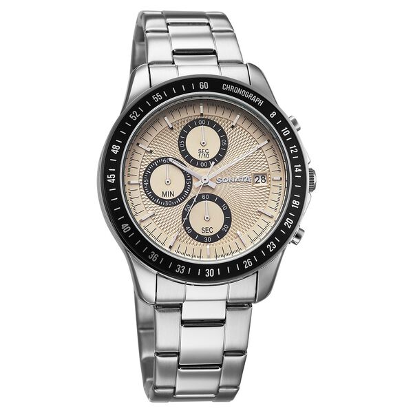 Sonata Chronos Quartz Analog with Date Champagne Dial Silver Colour Stainless Steel Strap Watch For Men - image number 1