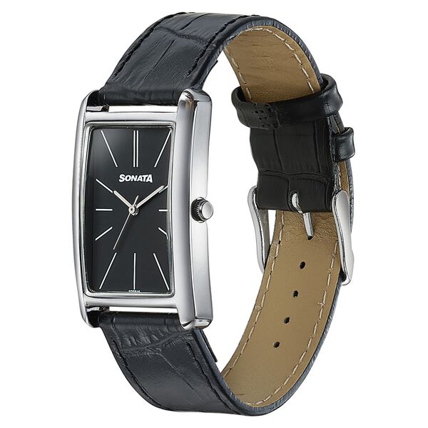 Sonata Ascent Black Rectangular Watch with Black Leather - image number 2