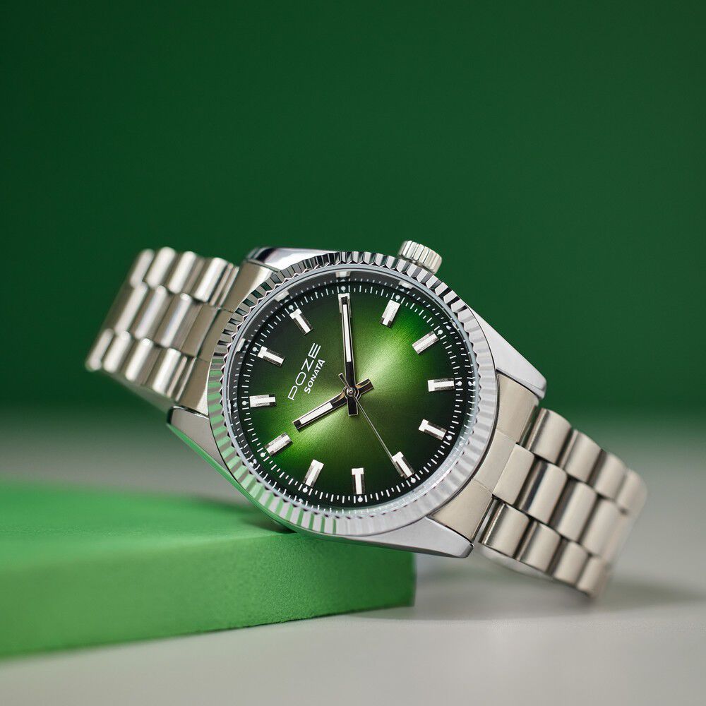 Sonata Poze Quartz Analog Green Dial Silver Color Metal Strap Watch For Men-picture-21