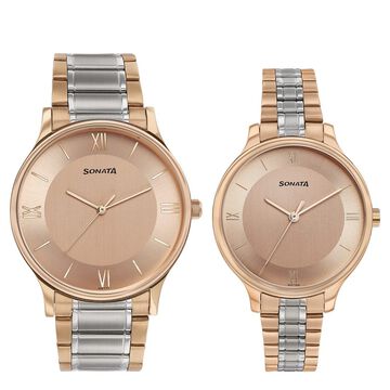 Sonata Modern Bandhan Quartz Analog Pink Dial Stainless Steel Strap Watch for Couple