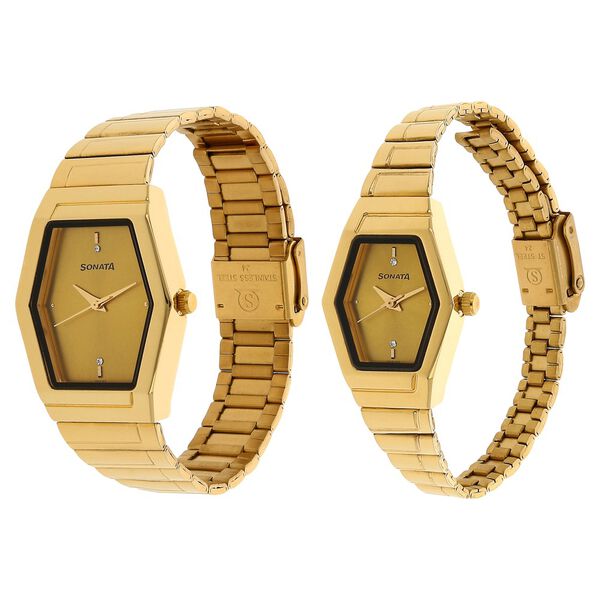 Sonata Quartz Analog Golden Dial Stainless Steel Strap Watch for Couple - image number 1