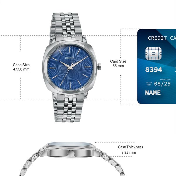 Sonata Vector Blue Textured Dial Silver-Tone Bracelet Watch for Men - image number 3