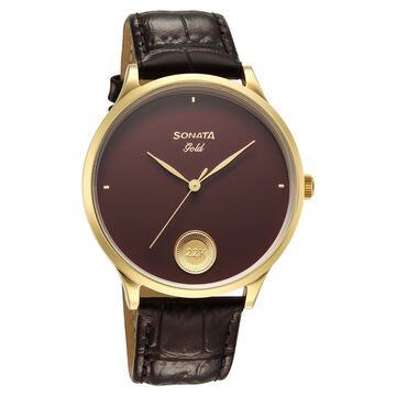 Sonata Sonata Gold Quartz Analog Regal Maroon With Gold Coin Dial Brown Leather Strap Watch For Men