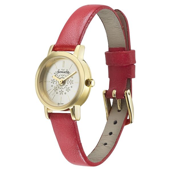 Sonata Floral Folkart Champagne Dial Women Watch With Leather Strap - image number 1