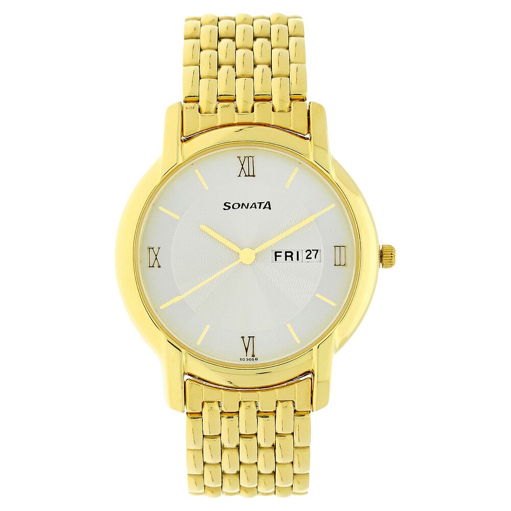 Buy Online Sonata Quartz Analog with Day and Date White Dial Stainless Steel Strap Watch for Men np7954ym01w Sonata