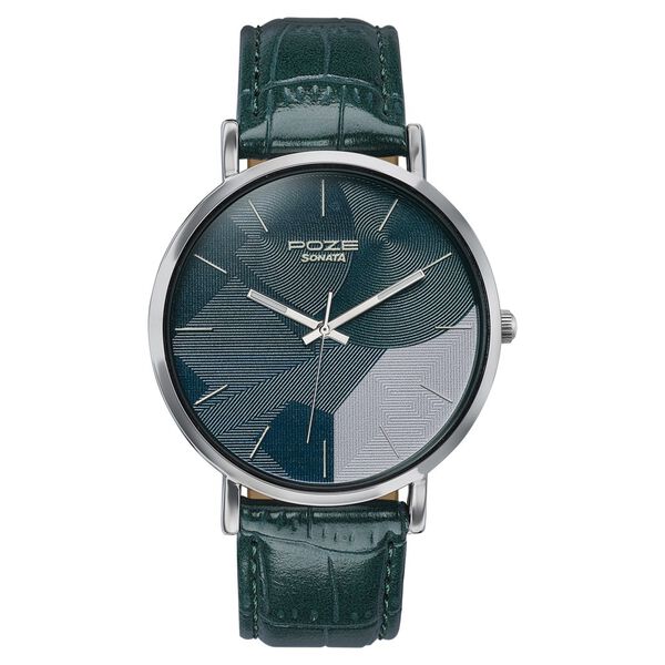 Poze By Sonata Quartz Analog Green Dial Green Leather Strap Watch For Men - image number 1