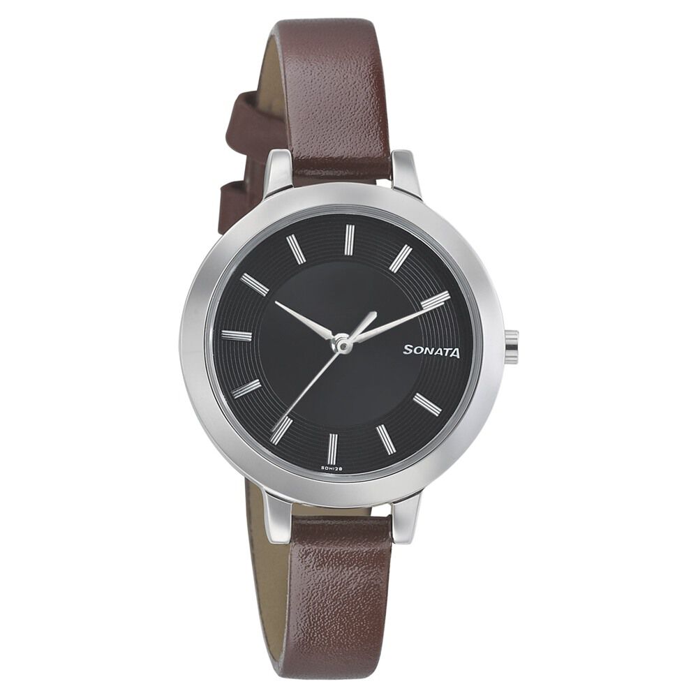 Sonata Steel Daisies Black Dial Women Watch With Leather Strap