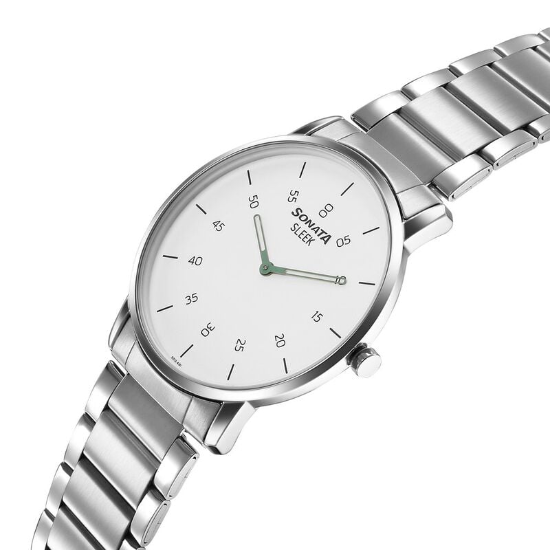 Sonata Sleek Quartz Analog White Dial Silver Stainless Steel Strap Watch  For Men