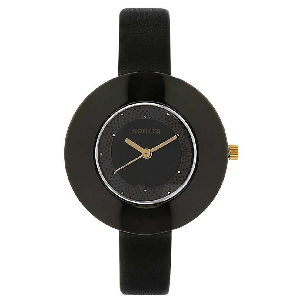 Buy Online Sonata Quartz Analog Black Dial Leather Strap Watch for Women 8959nl01j p Sonata